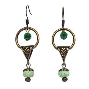 Handmade Green Crystal Beaded Antique Gold Drop Earrings Boho Pendant Dangle